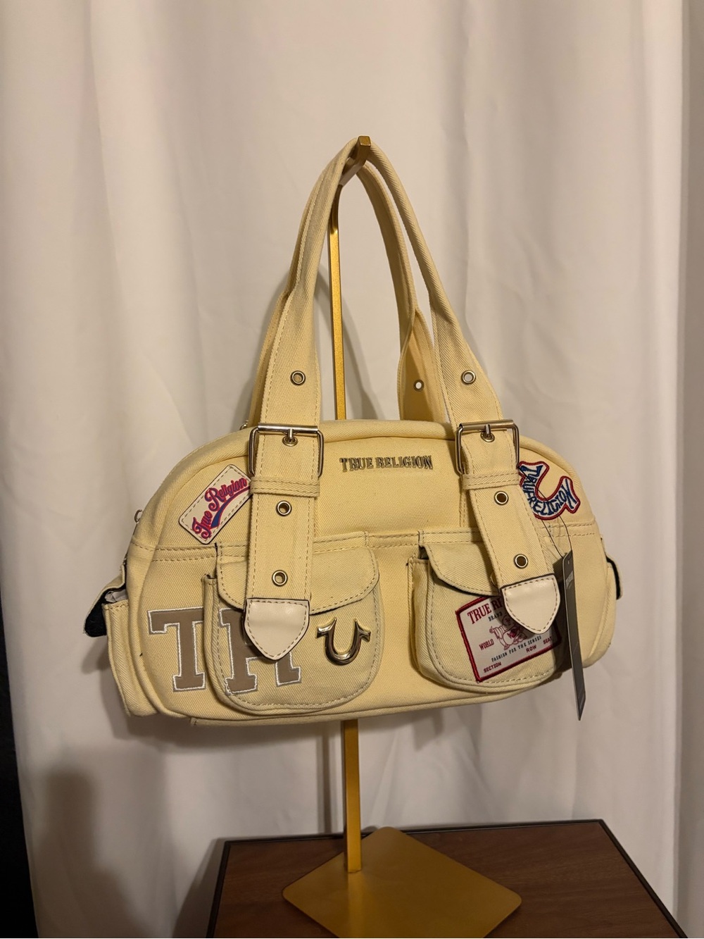 NWT True Religion Cream Canvas Patch Shoulder Bag